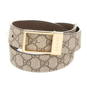💋Gucci‎ Beige and Brown Monogram Belt with Gold Buckle